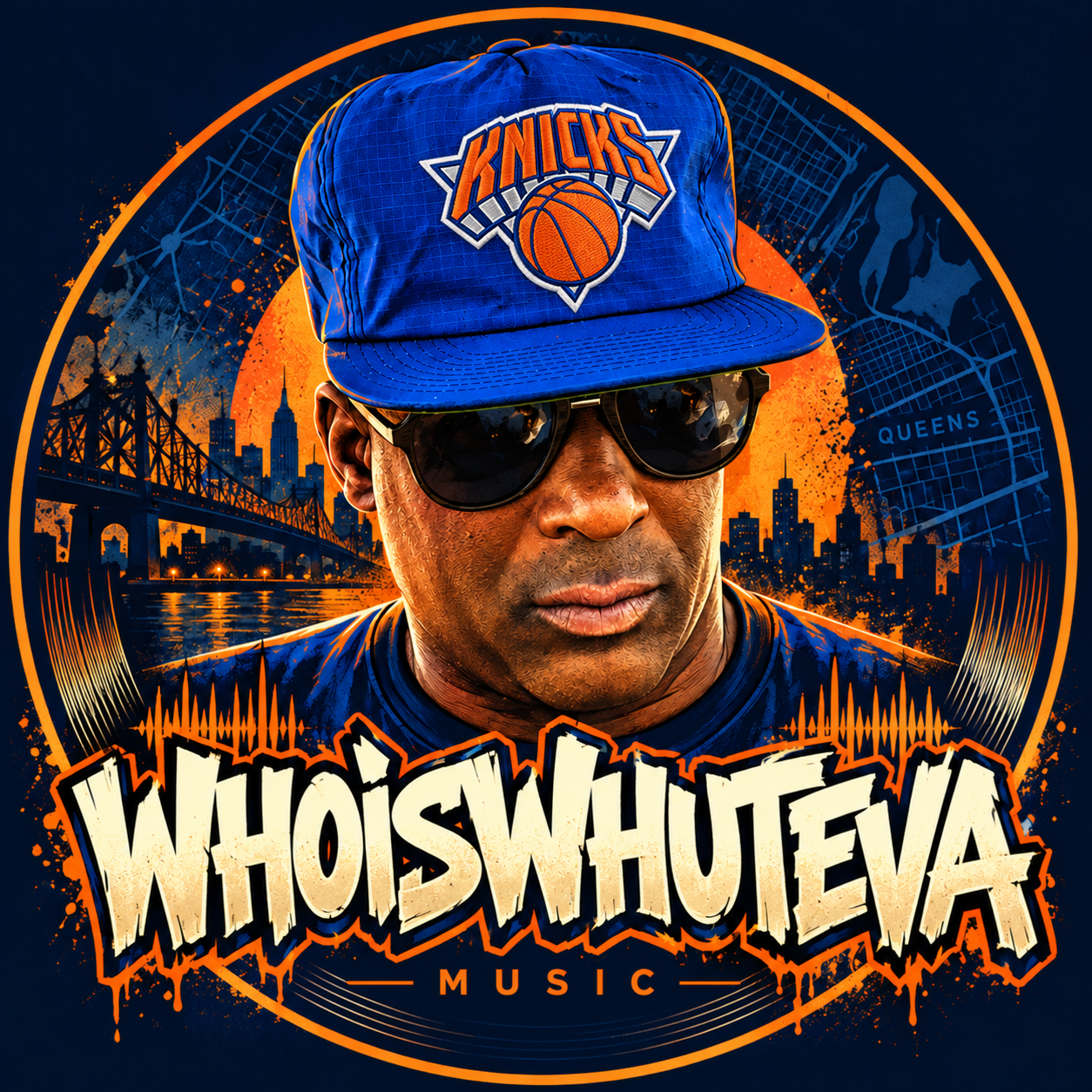 Illustrated WhoIsWhuteva portrait in a blue Knicks cap, with Queens-inspired artwork
